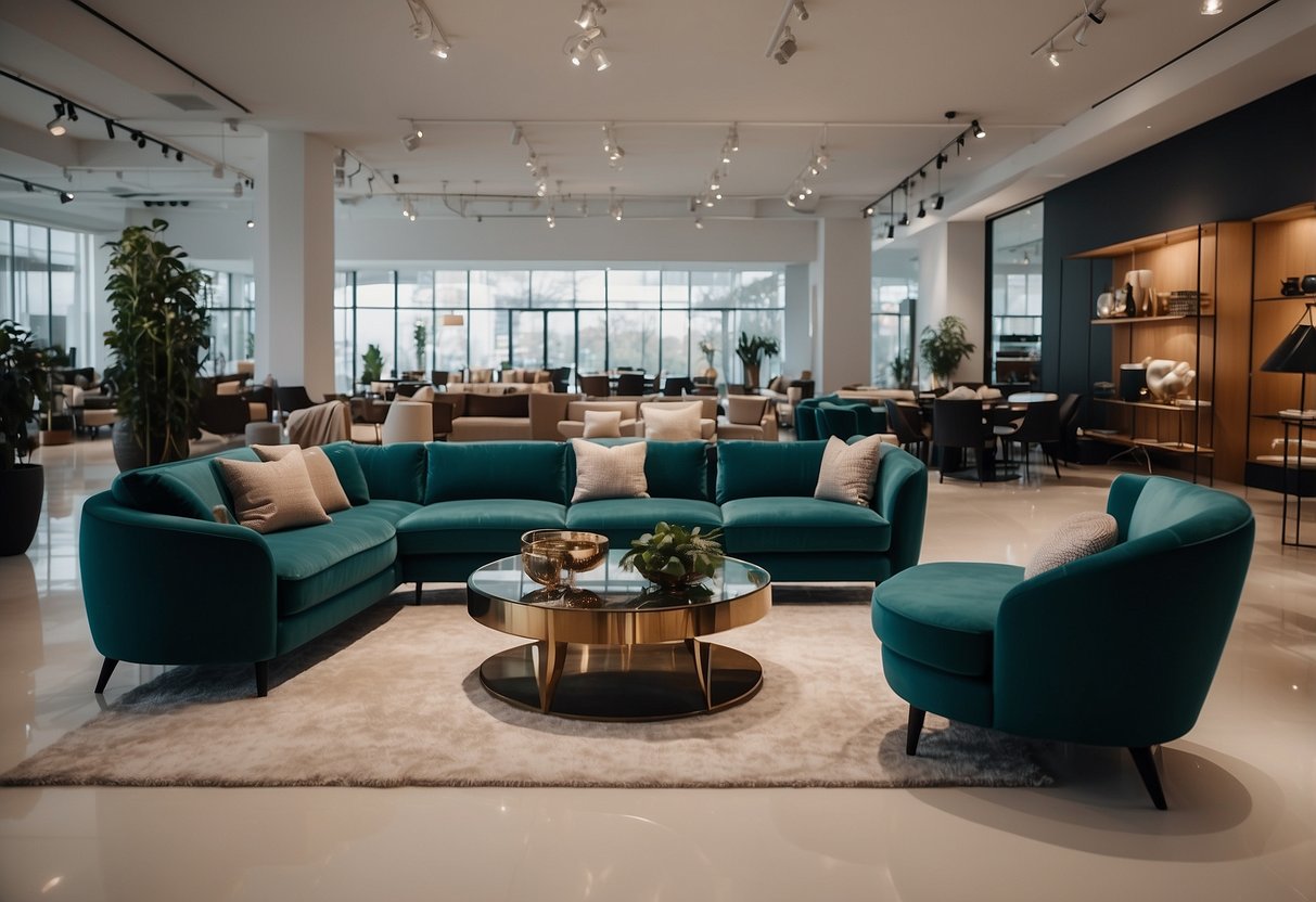 A spacious and modern Rozel Furniture showroom with sleek displays and comfortable seating areas, showcasing the latest designs and collections
