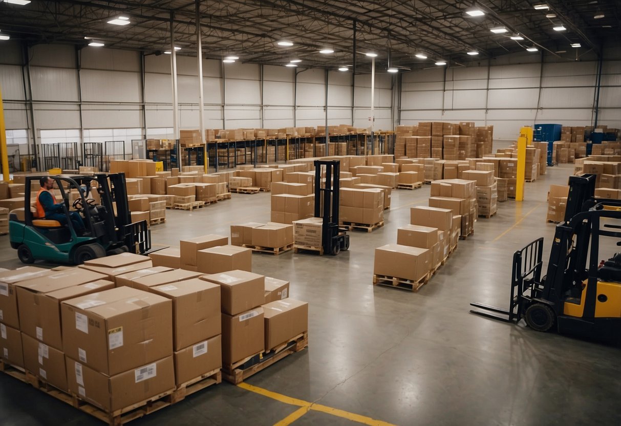 A bustling furniture warehouse with customers browsing, staff assisting, and forklifts moving pallets. Signs and labels indicate different sections and products