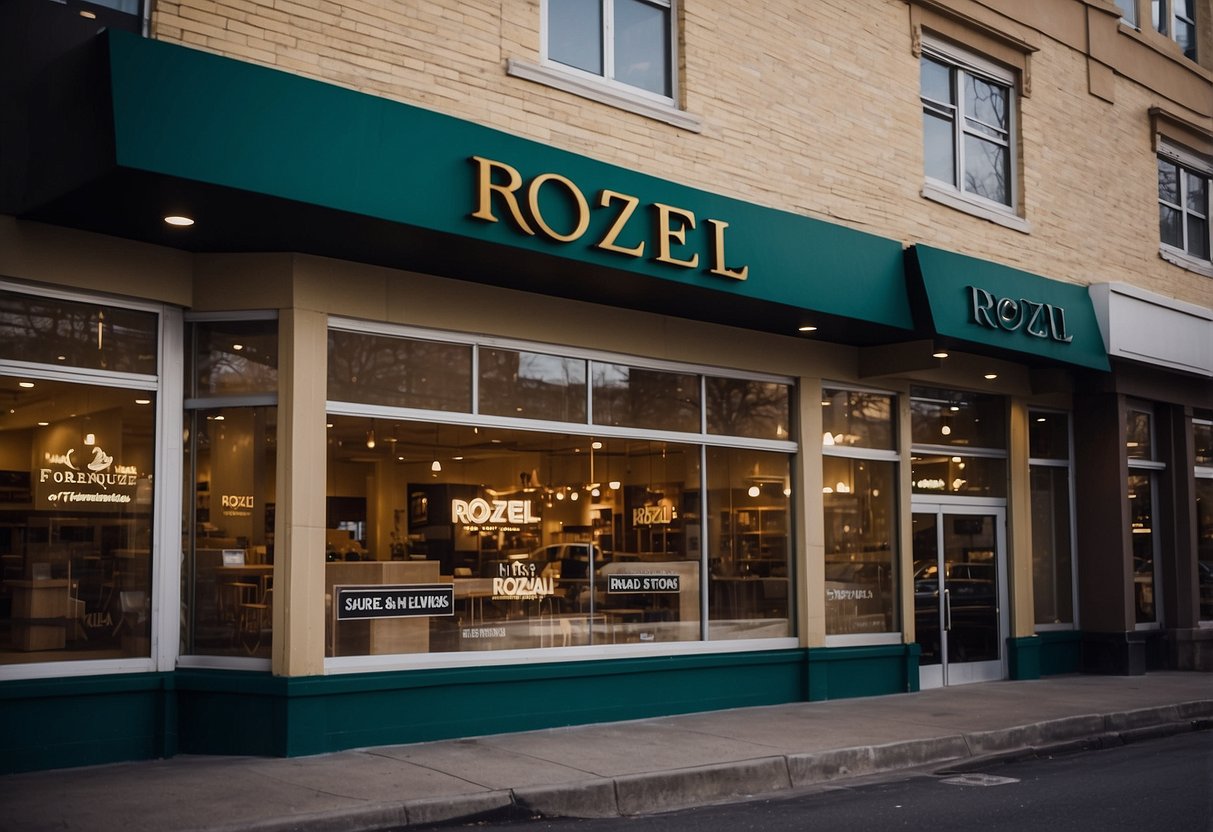 The storefront of Rozel Furniture, with prominent signage displaying current sales and promotions. Windows showcase featured items