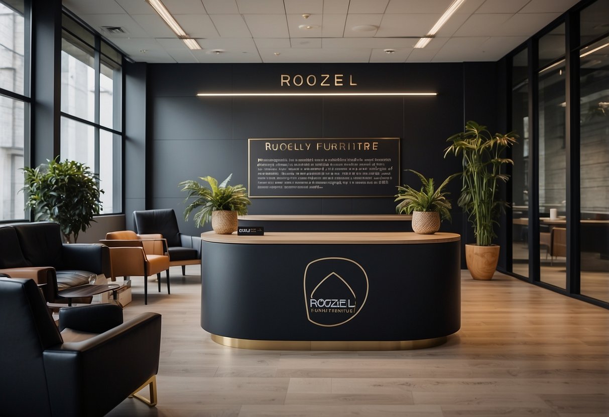 A modern office reception area with a sleek desk and chair, adorned with a sign reading "Frequently Asked Questions" and a prominent address for Rozel Furniture