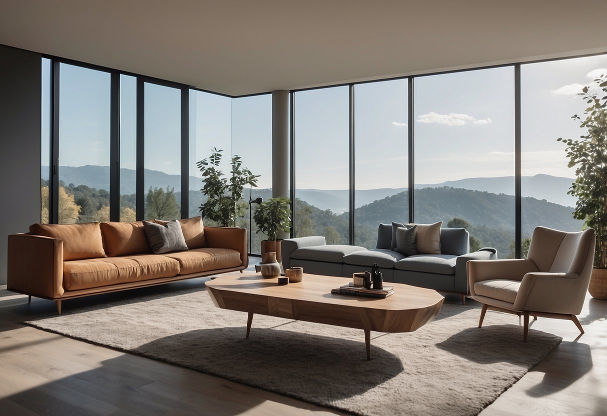 A modern living room with 3D sky furniture, including a sleek sofa, minimalist coffee table, and contemporary armchair. Large windows let in natural light, and the room is accented with geometric decor