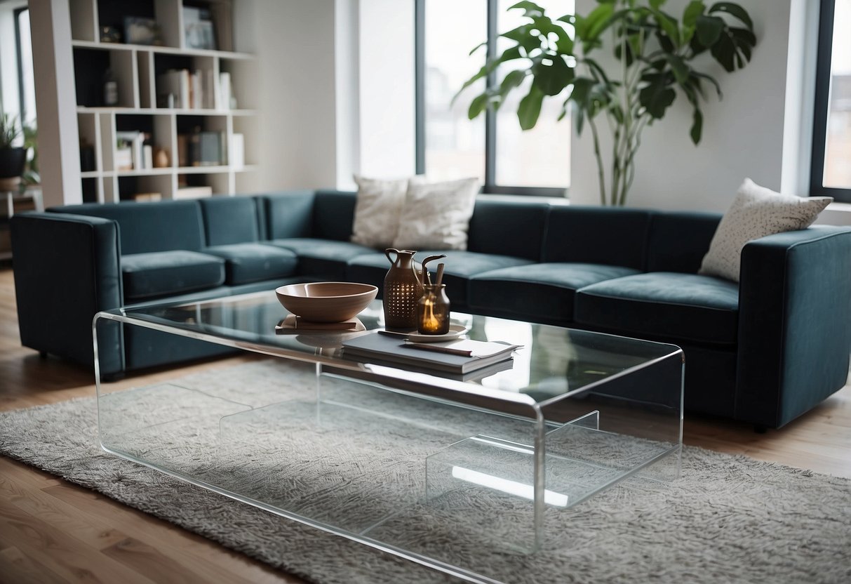 A modern living room with acrylic furniture from IKEA, featuring a clear coffee table, transparent chairs, and a sleek bookshelf