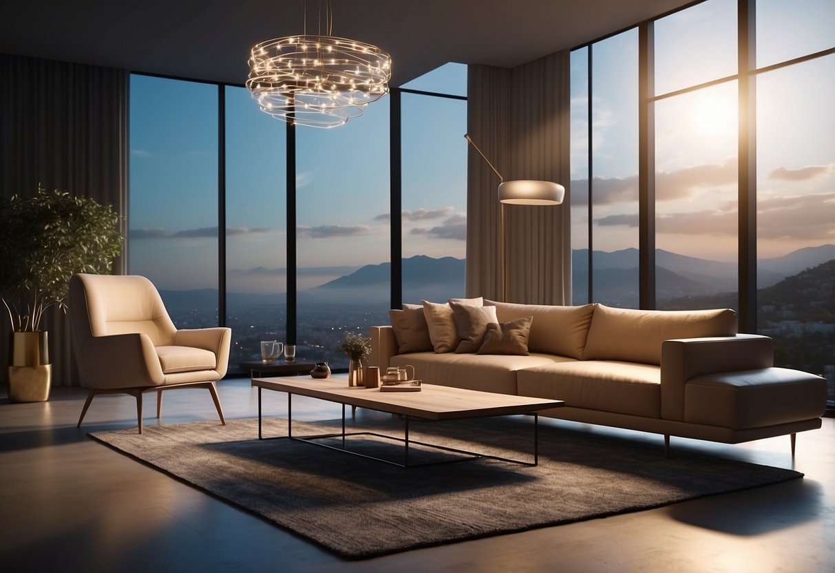 A room with modern 3D sky furniture, featuring sleek lines and minimalist design. The furniture includes a sofa, coffee table, and floor lamp, all arranged in a spacious and well-lit living area