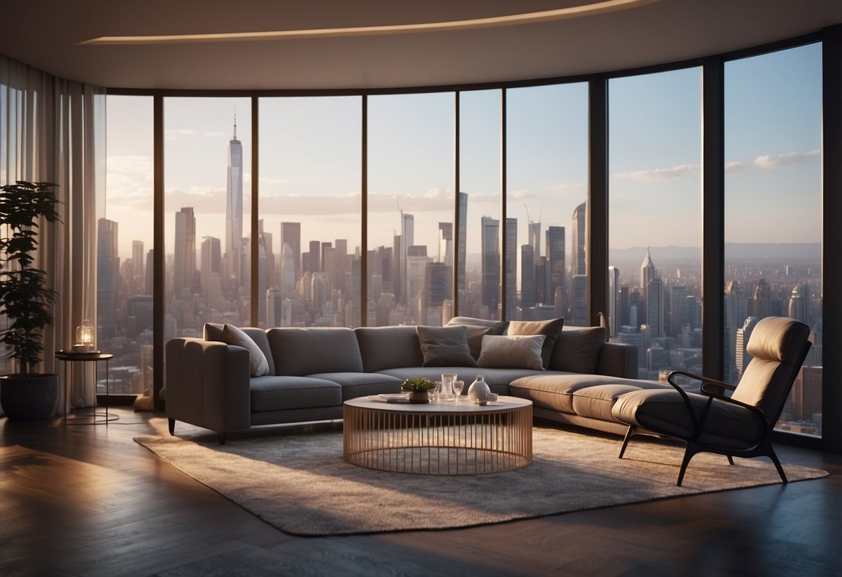 A room with modern 3D sky furniture, including a sleek sofa, coffee table, and floor lamp, set against a backdrop of a large window overlooking a city skyline