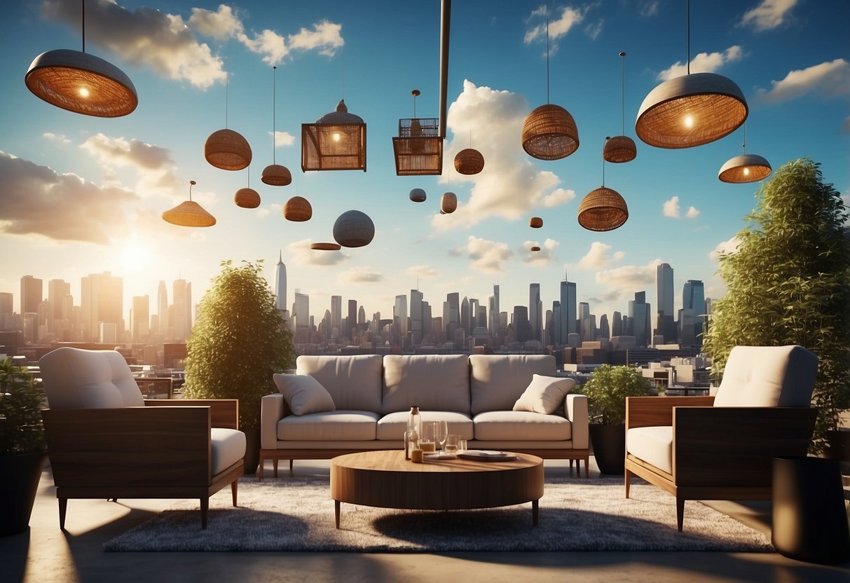 A 3D sky filled with floating furniture, showcasing a variety of pieces, arranged in an organized and visually appealing manner