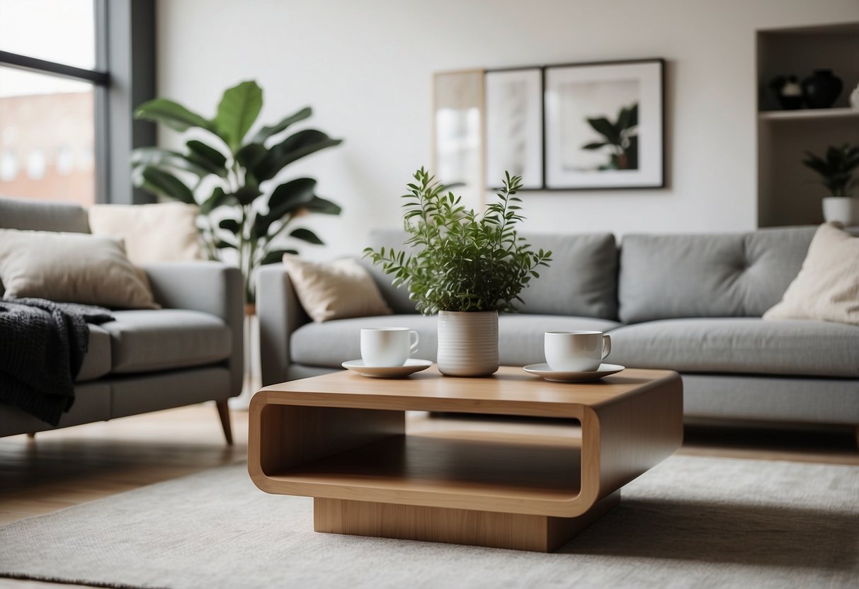 A sleek, minimalist Scandinavian coffee table sits in a bright, airy living room, surrounded by modern furniture and bathed in natural light