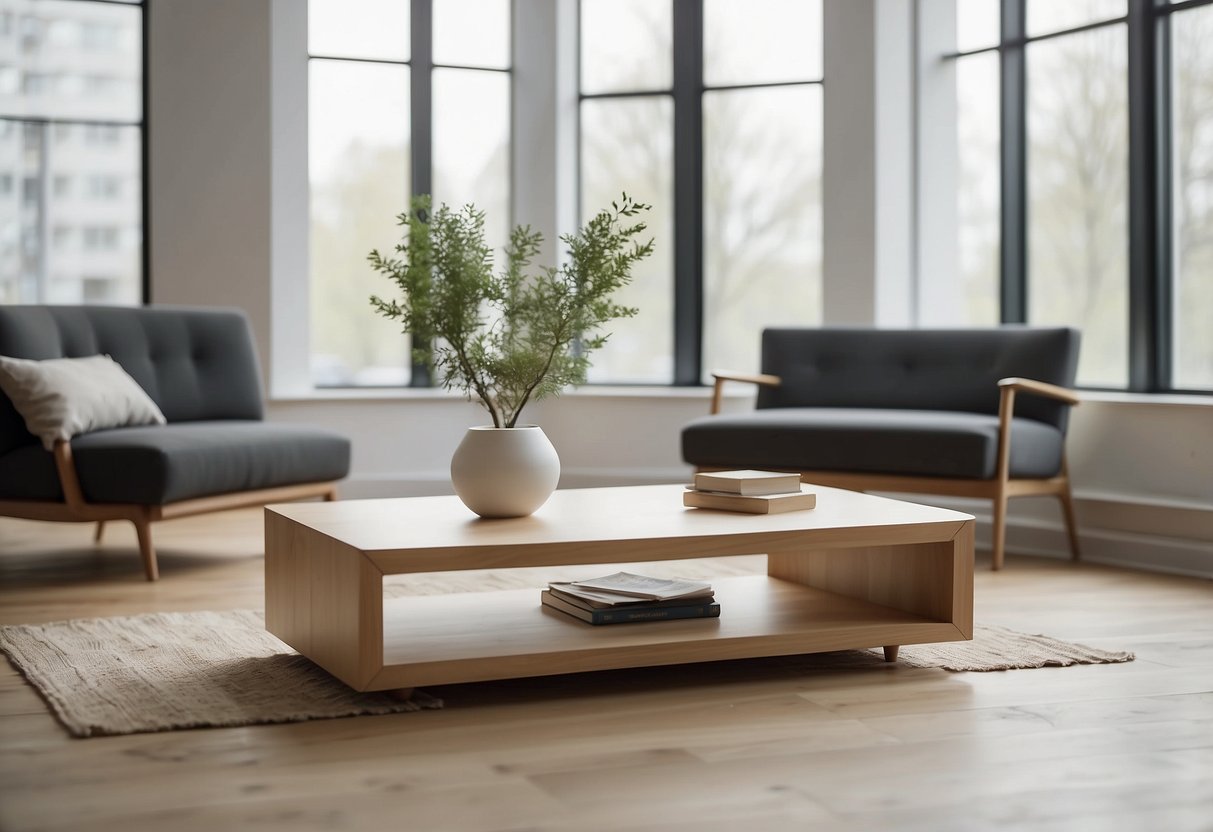A sleek, minimalist Scandinavian coffee table sits in a bright, airy room with large windows. Clean lines and light wood create a modern, inviting atmosphere