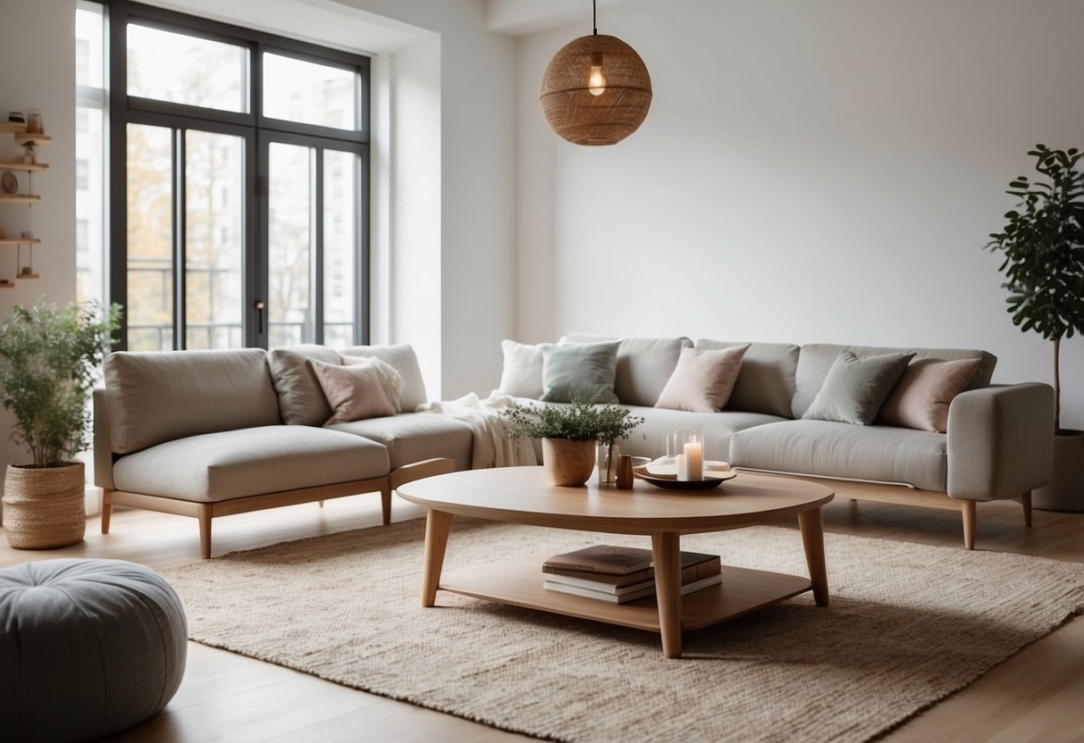 A bright, airy room with minimalist decor. A sleek, modern Scandinavian coffee table sits in the center, surrounded by cozy seating and soft lighting