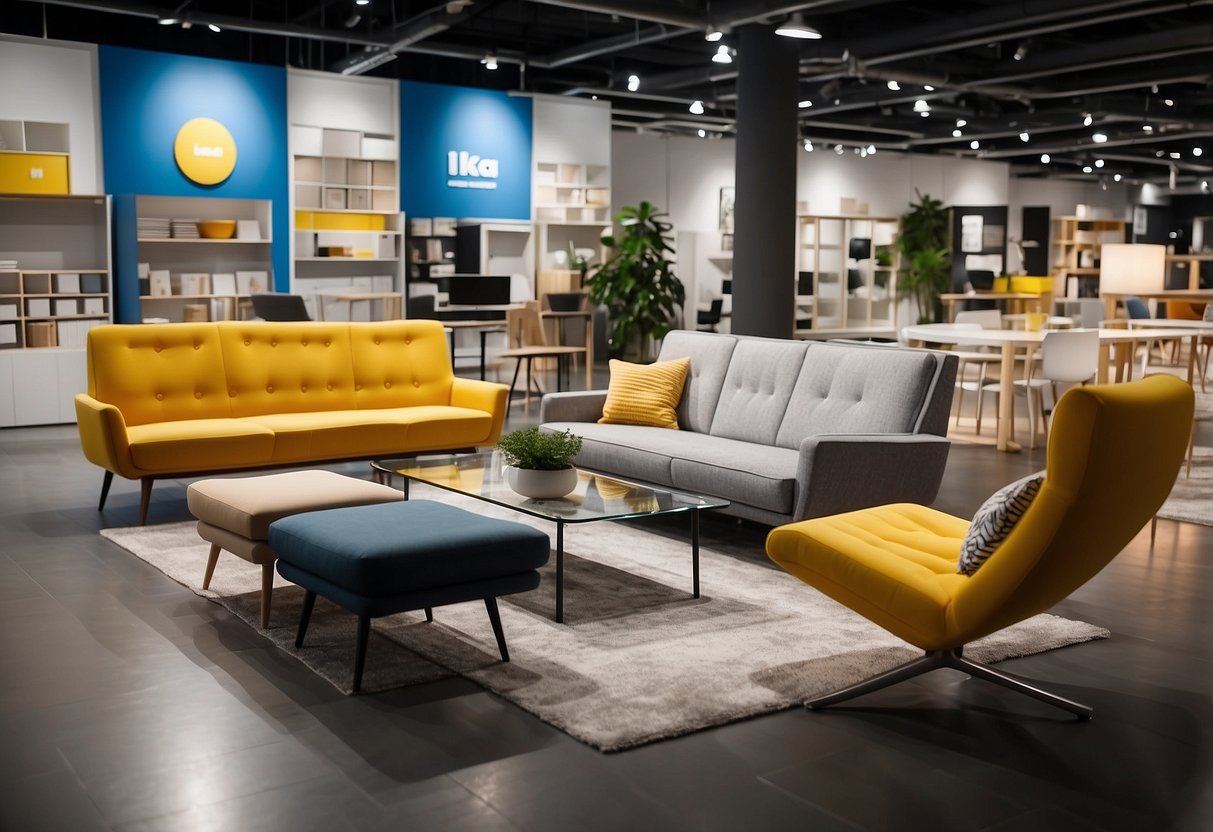 A spacious showroom displays a variety of sleek acrylic furniture at IKEA. Bright lighting highlights the modern designs and vibrant colors