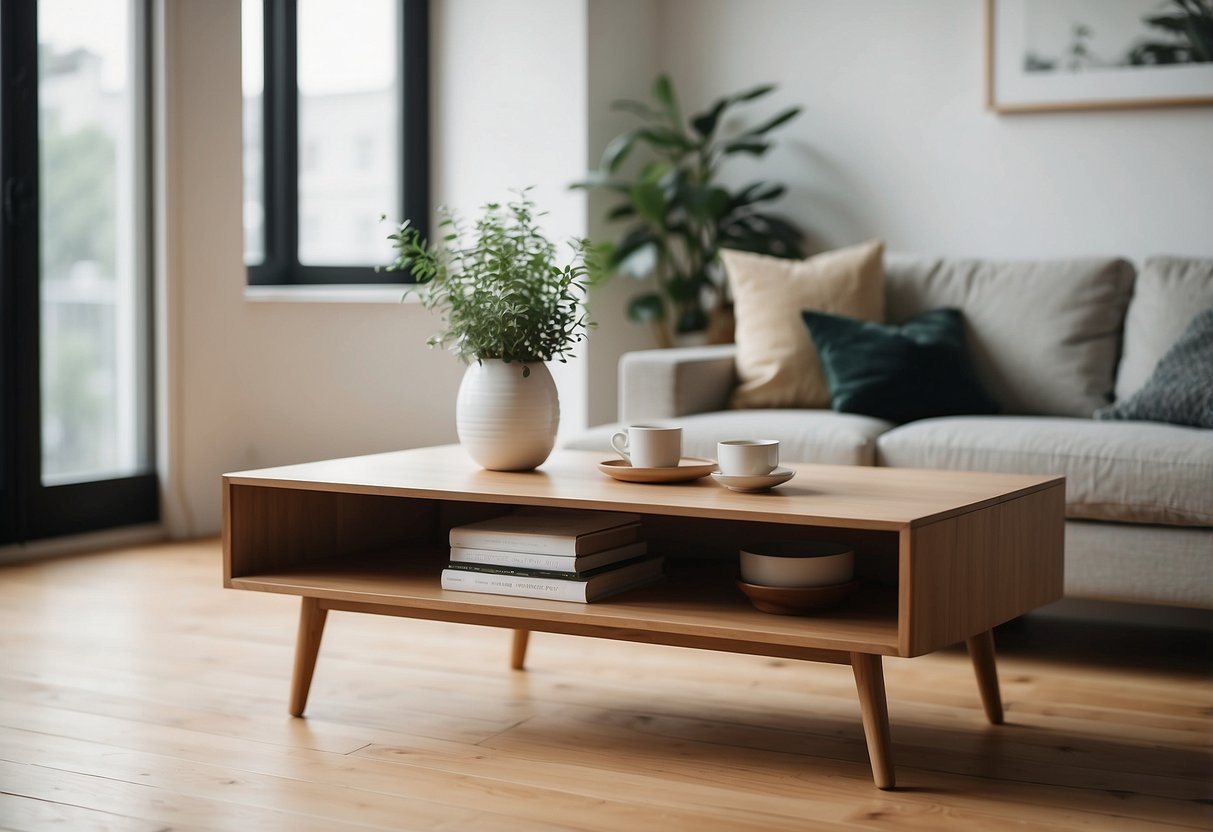A modern, minimalist coffee table sits in a bright, airy room. Clean lines and light wood give a Scandinavian feel