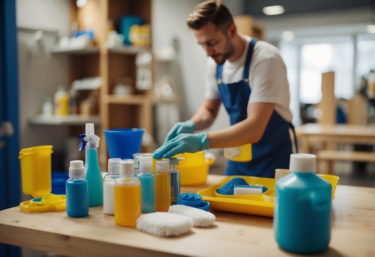 A person customizing and caring for IKEA acrylic furnishings with cleaning supplies and a paintbrush