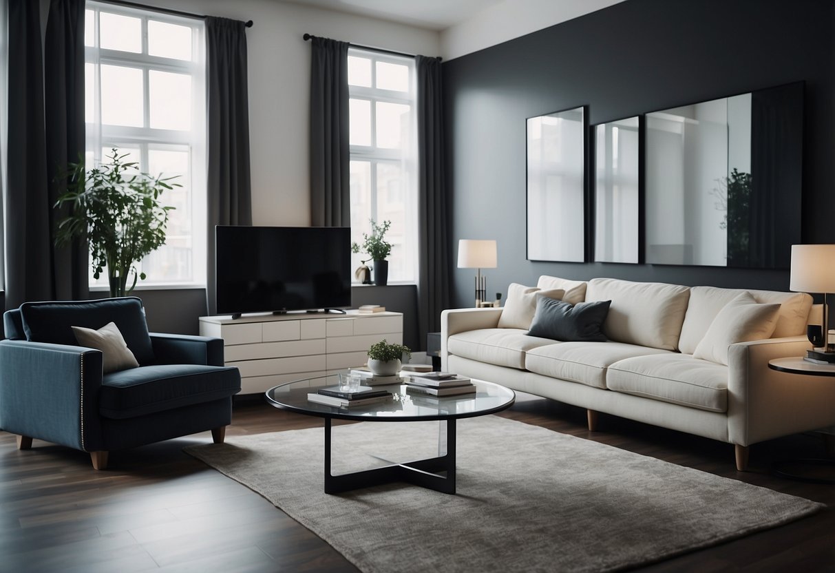 A modern living room with sleek acrylic furniture from Ikea, featuring a minimalist design and clean lines