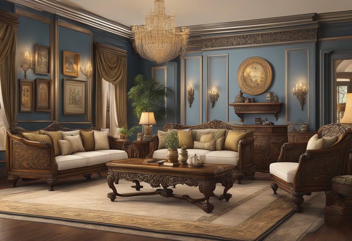 An array of antique furniture fills a dimly lit showroom, adorned with intricate carvings and ornate designs. The rich patina of the wood and the elegant details of the pieces create an atmosphere of timeless elegance