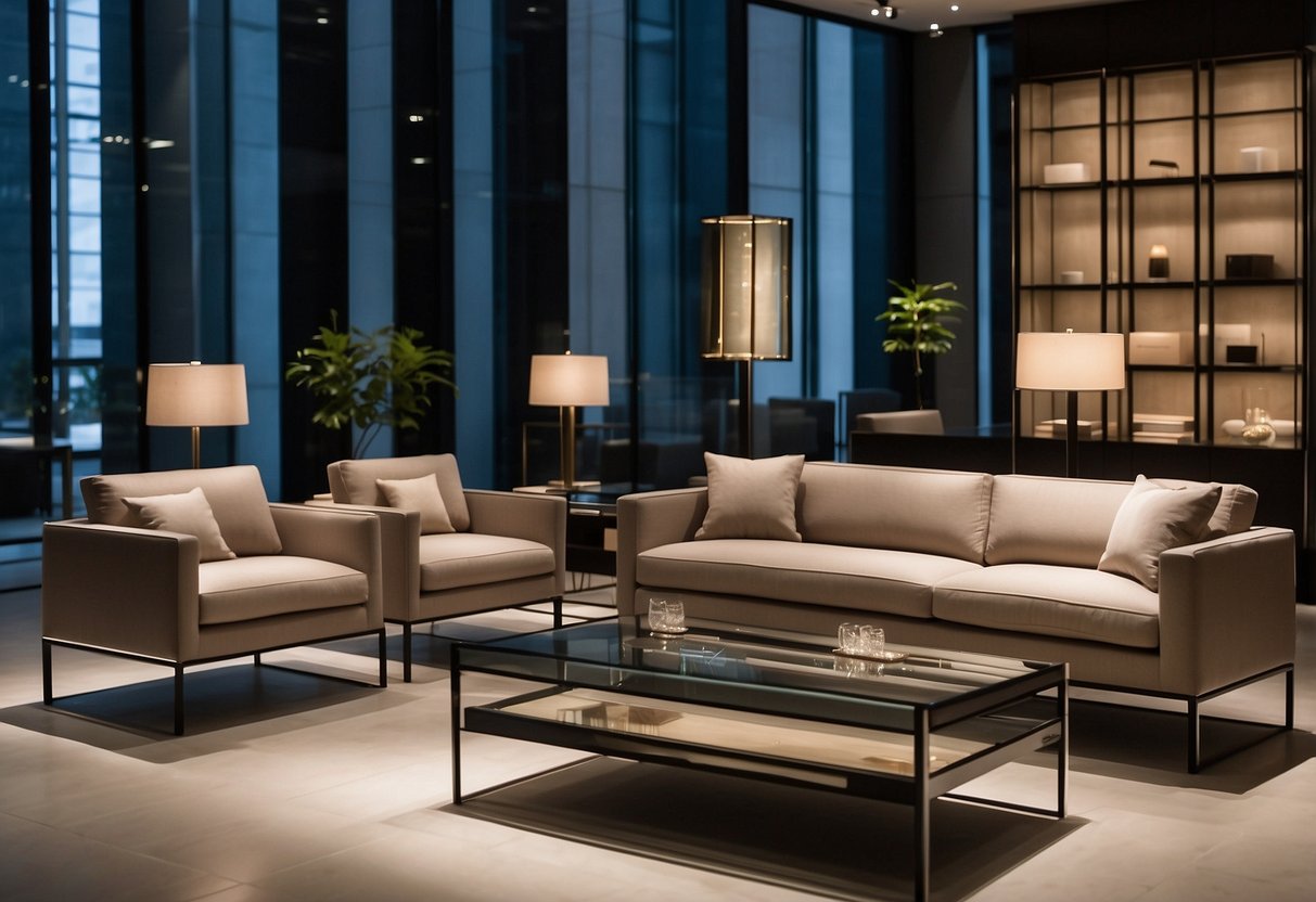 Customers browse sleek modern furniture at Armani Outlet, admiring luxurious designs and high-quality materials. Displays showcase elegant sofas, chairs, and tables in a spacious, well-lit showroom