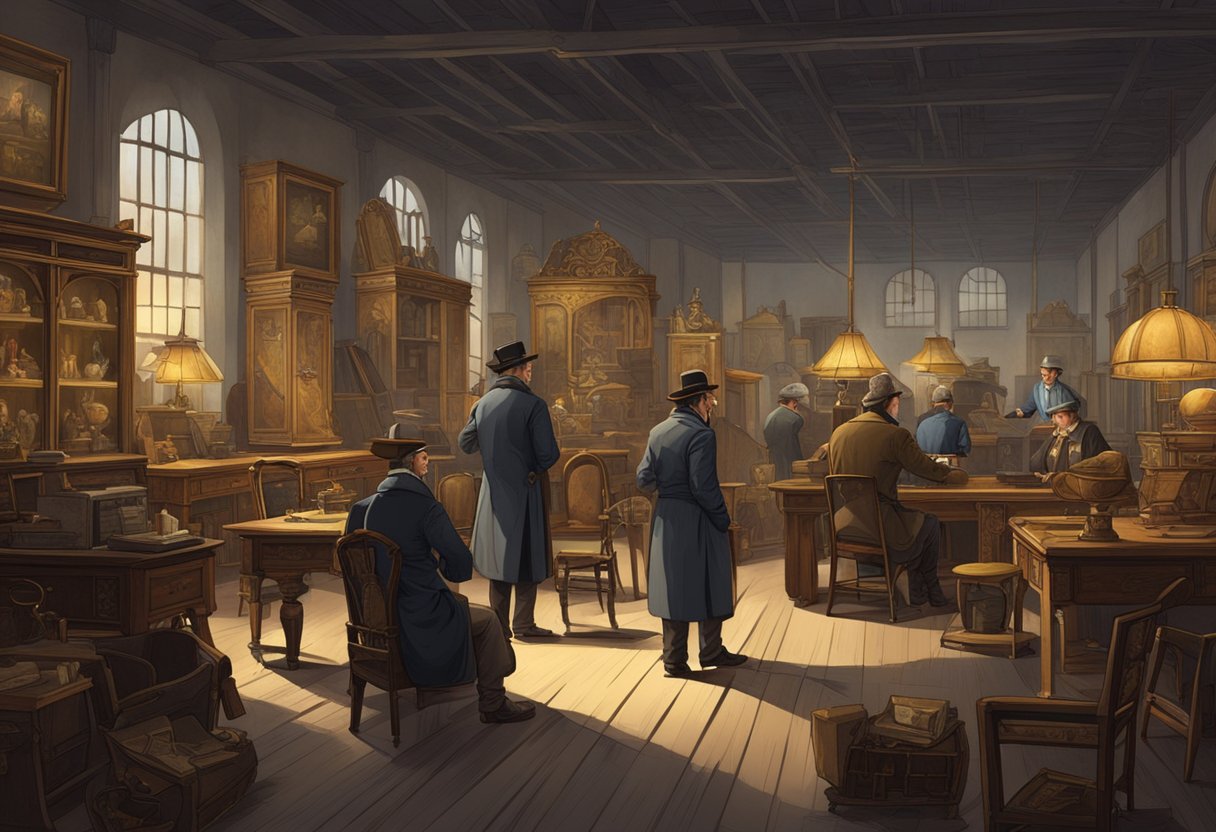 Antique furniture dealers examine historical pieces in a dimly lit warehouse, surrounded by ornate chairs and tables from different time periods