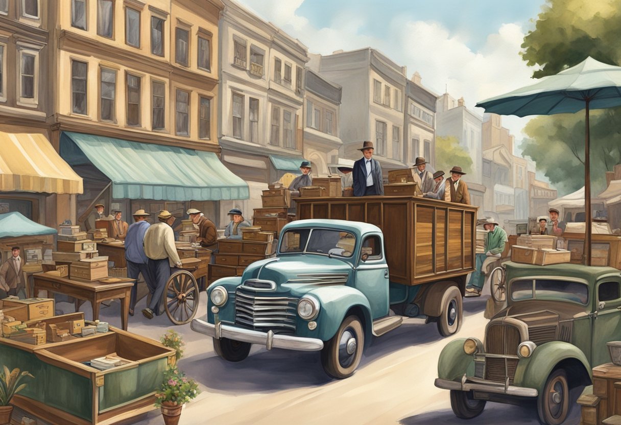 Antique furniture being transported in a vintage truck, surrounded by eager antique furniture dealers at a bustling market