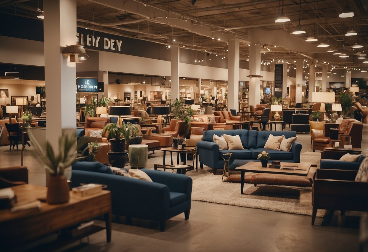 A busy furniture outlet with customers browsing, staff assisting, and a prominent "Frequently Asked Questions" sign displayed