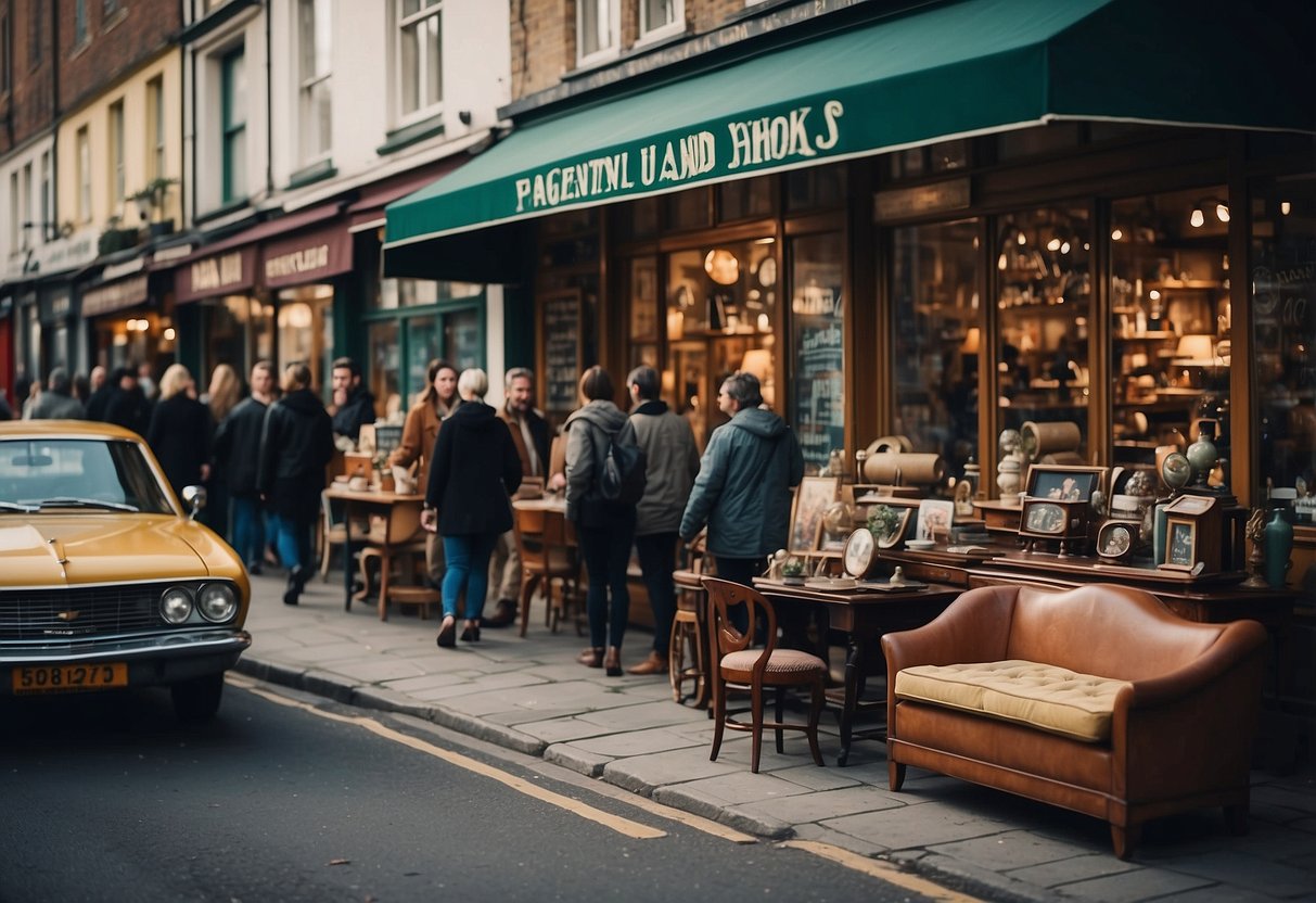 A crowded street with vintage furniture shops, signs read "Frequently Asked Questions second hand furniture shops near me"