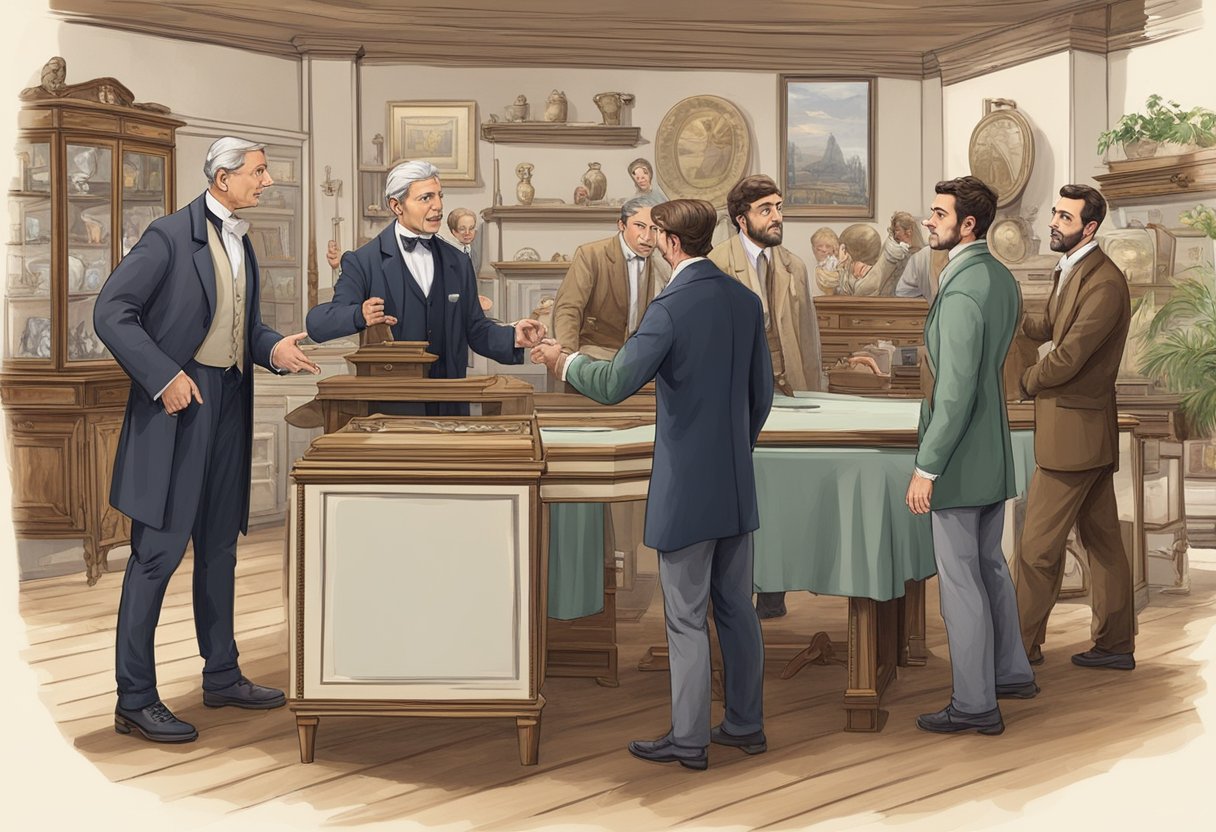 An antique furniture dealer surrounded by curious customers, pointing and asking questions about various pieces on display