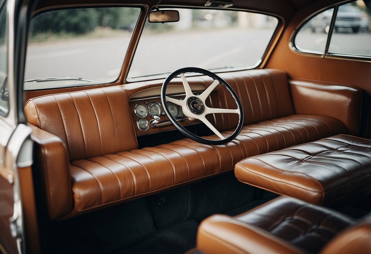 A vintage car turned into a sofa, with a steering wheel coffee table and tire ottomans