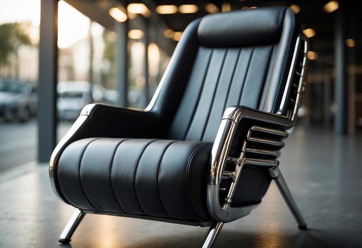 A sleek, modern chair made from repurposed car parts, with a seat crafted from a leather car seat and sleek metal legs
