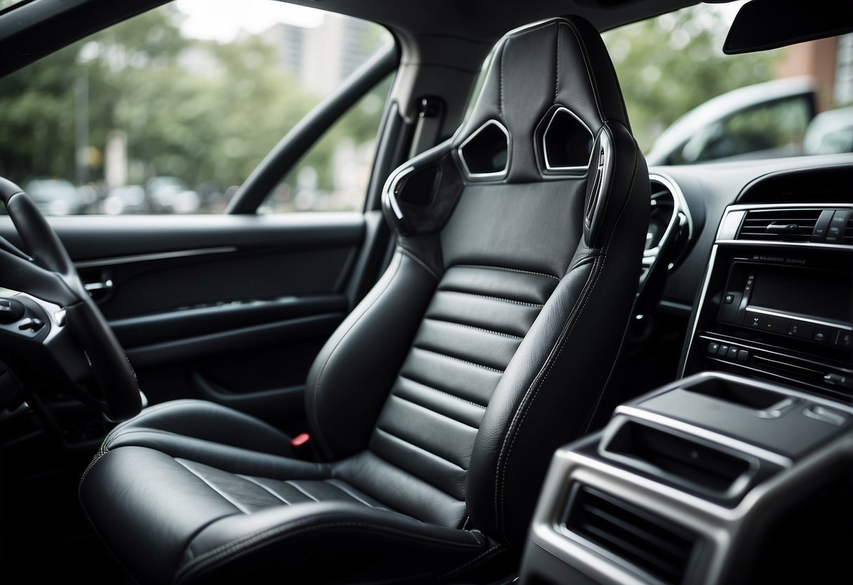 A car seat transformed into a sleek office chair, with steering wheel armrests and a gear shift lever for height adjustment