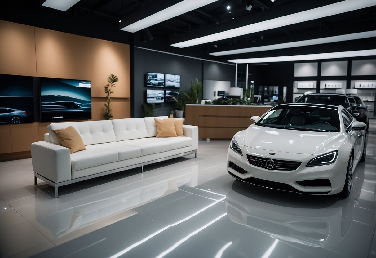 A showroom with automotive furniture displayed in an organized and inviting manner, with clear signage and labels for easy navigation