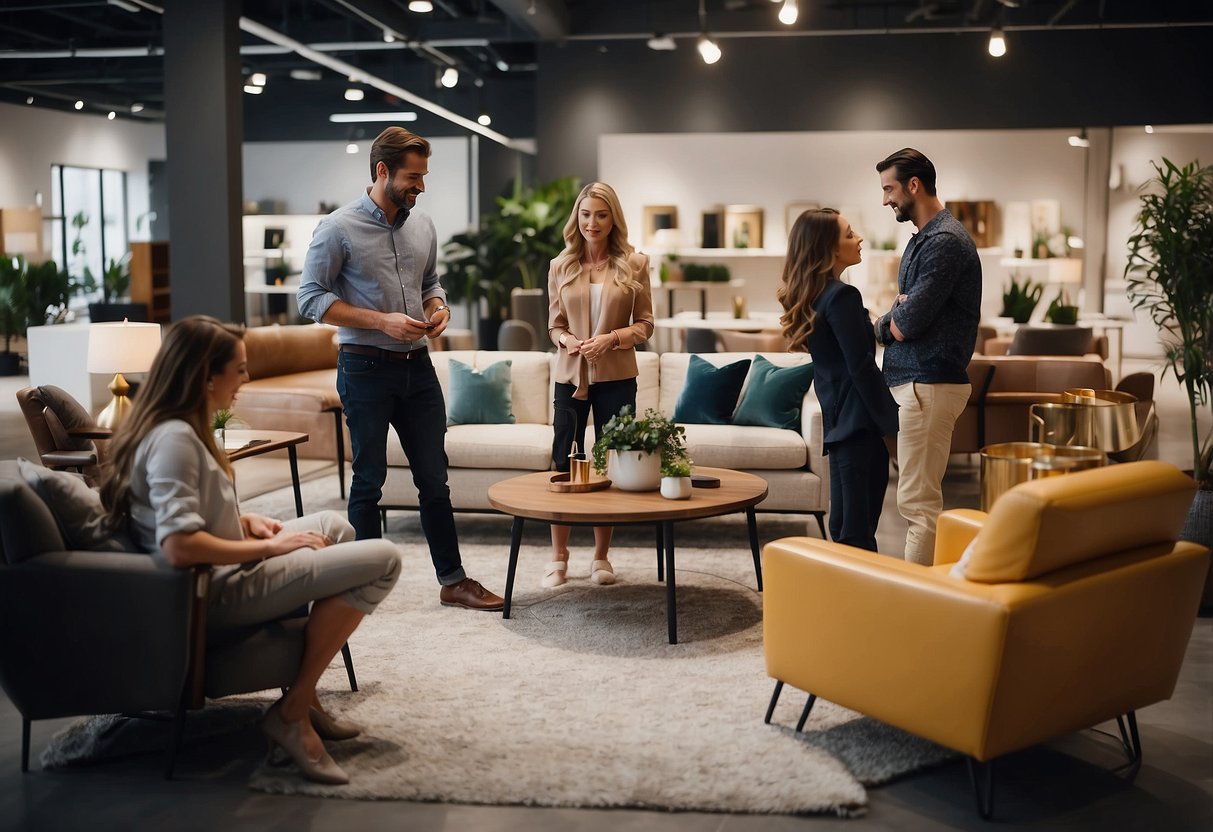 A group of people browsing through a variety of furniture displayed in a showroom, while staff members are answering their frequently asked questions about the products