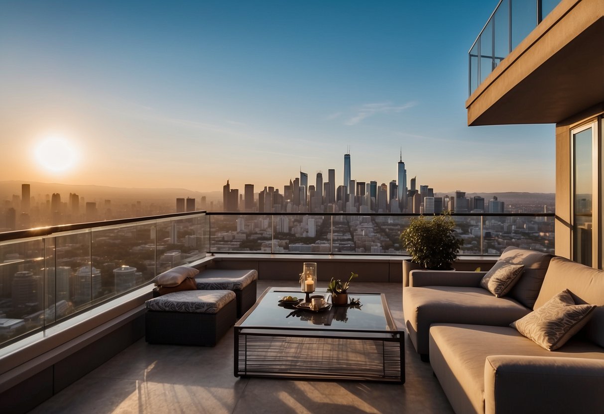 A balcony with modern, sleek patio furniture arranged neatly, overlooking a city skyline