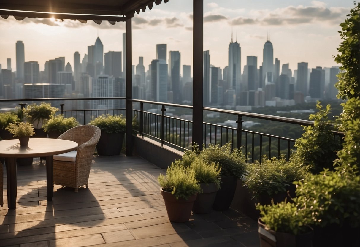 A cozy balcony with tall chairs and a high table, overlooking a city skyline or lush greenery