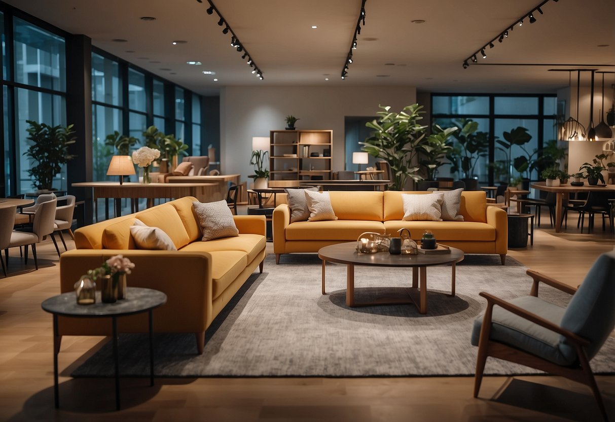 A couple browsing through various furniture options in a spacious showroom in Singapore. Displayed items include sofas, tables, and chairs in different styles and colors