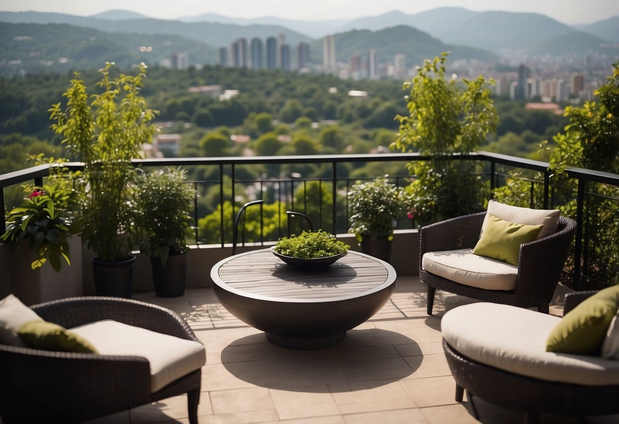 A spacious balcony with modern, high-quality patio furniture arranged for lounging and dining, surrounded by lush greenery and overlooking a stunning cityscape