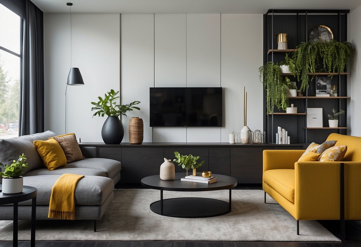 A modern living room with sleek furniture and customized design elements. Bold colors and clean lines showcase the latest design styles