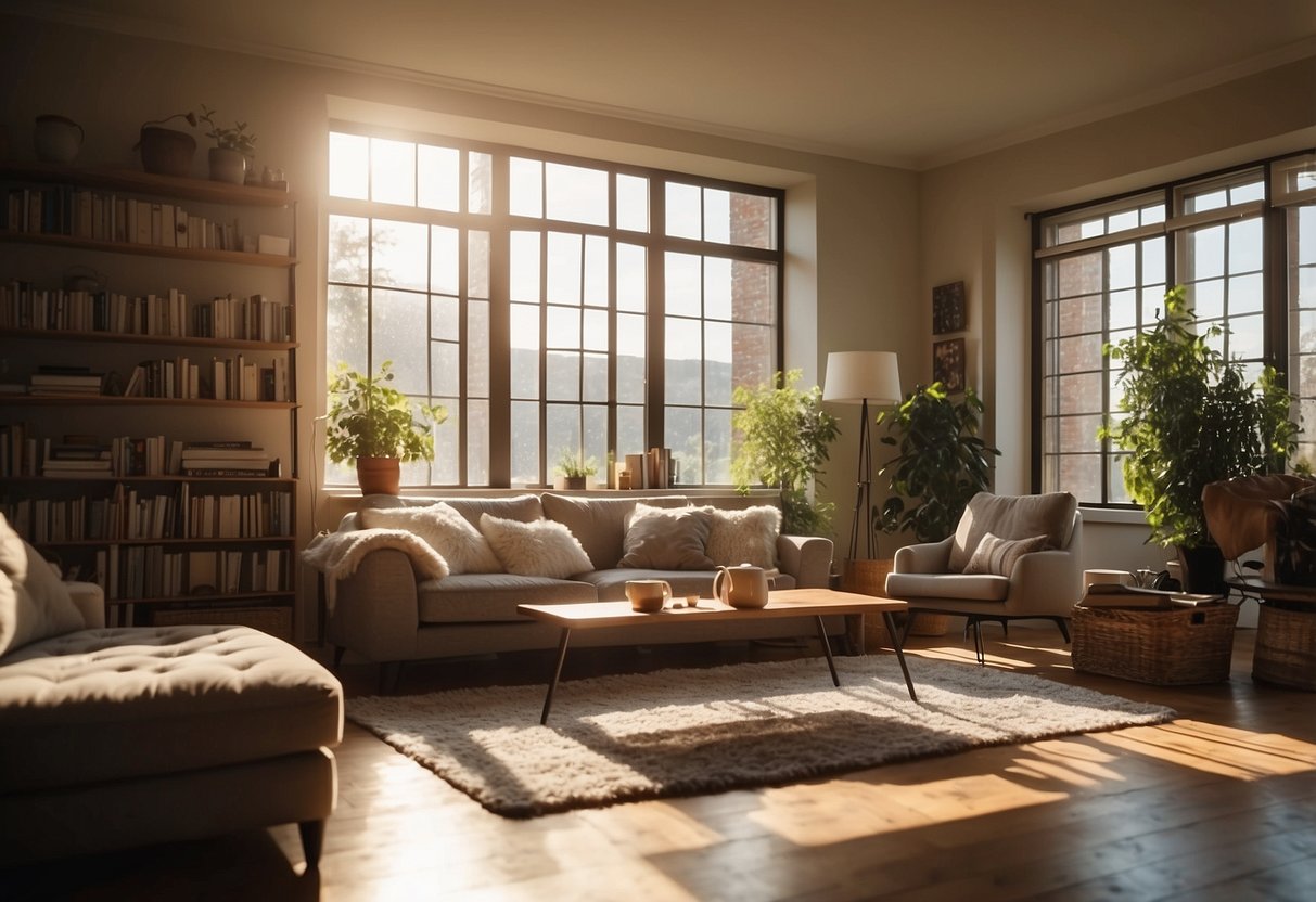 A cozy living room with a plush sofa, coffee table, and bookshelf. Sunlight streams in through the window, casting warm shadows on the floor
