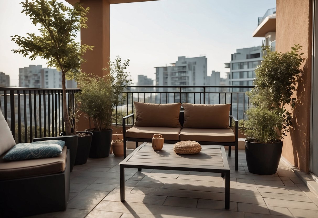 A balcony with modern, low-height patio furniture arranged neatly. The furniture includes a small table, chairs, and possibly a lounge chair, all designed for compact spaces