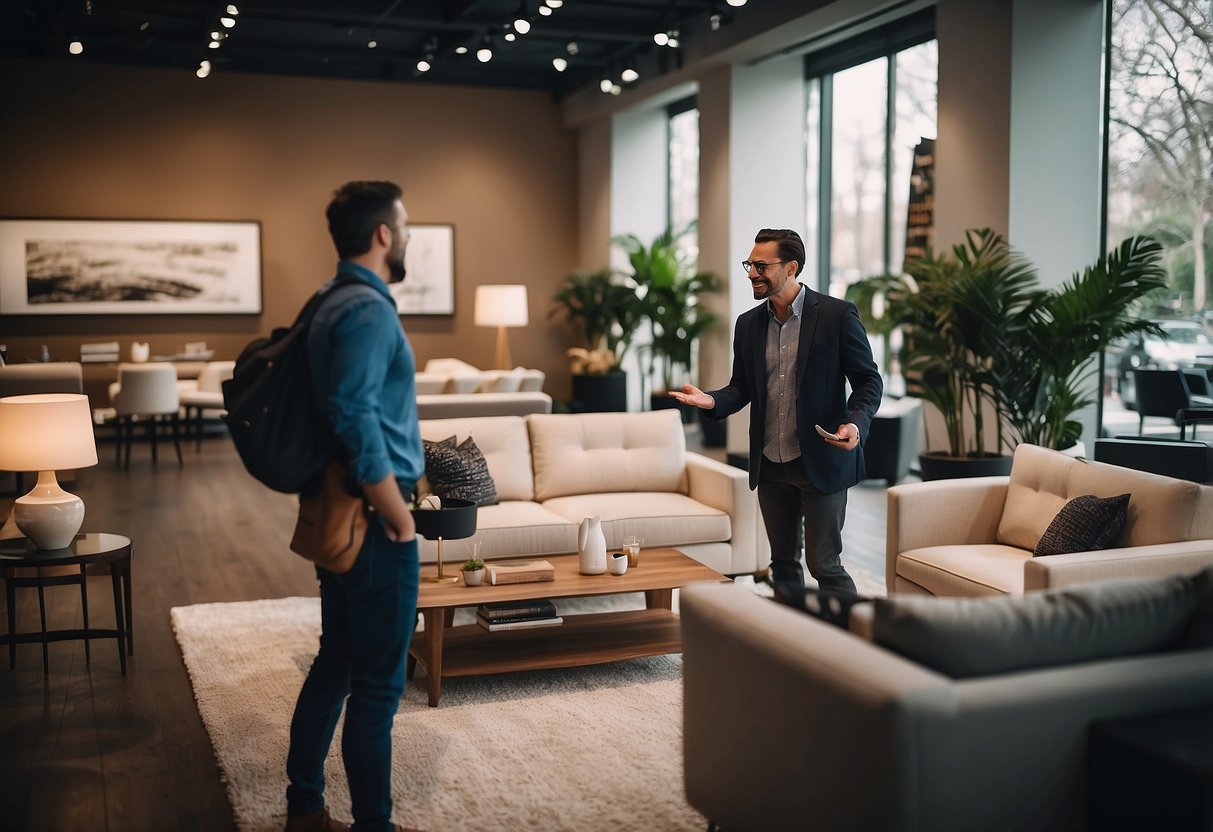 A customer browsing through a showroom of modern furniture, with a salesperson assisting them