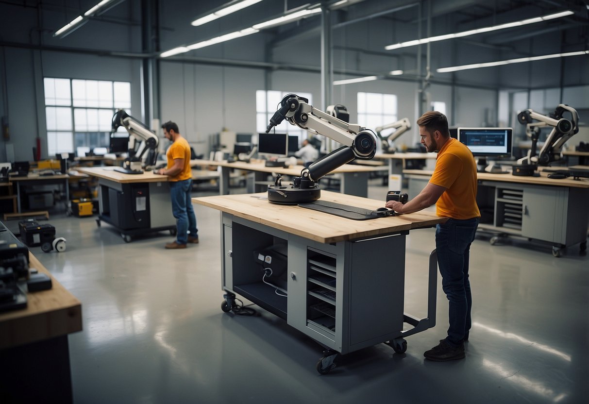 A modern workshop with robotic arms assembling sleek furniture pieces, while workers monitor digital production processes