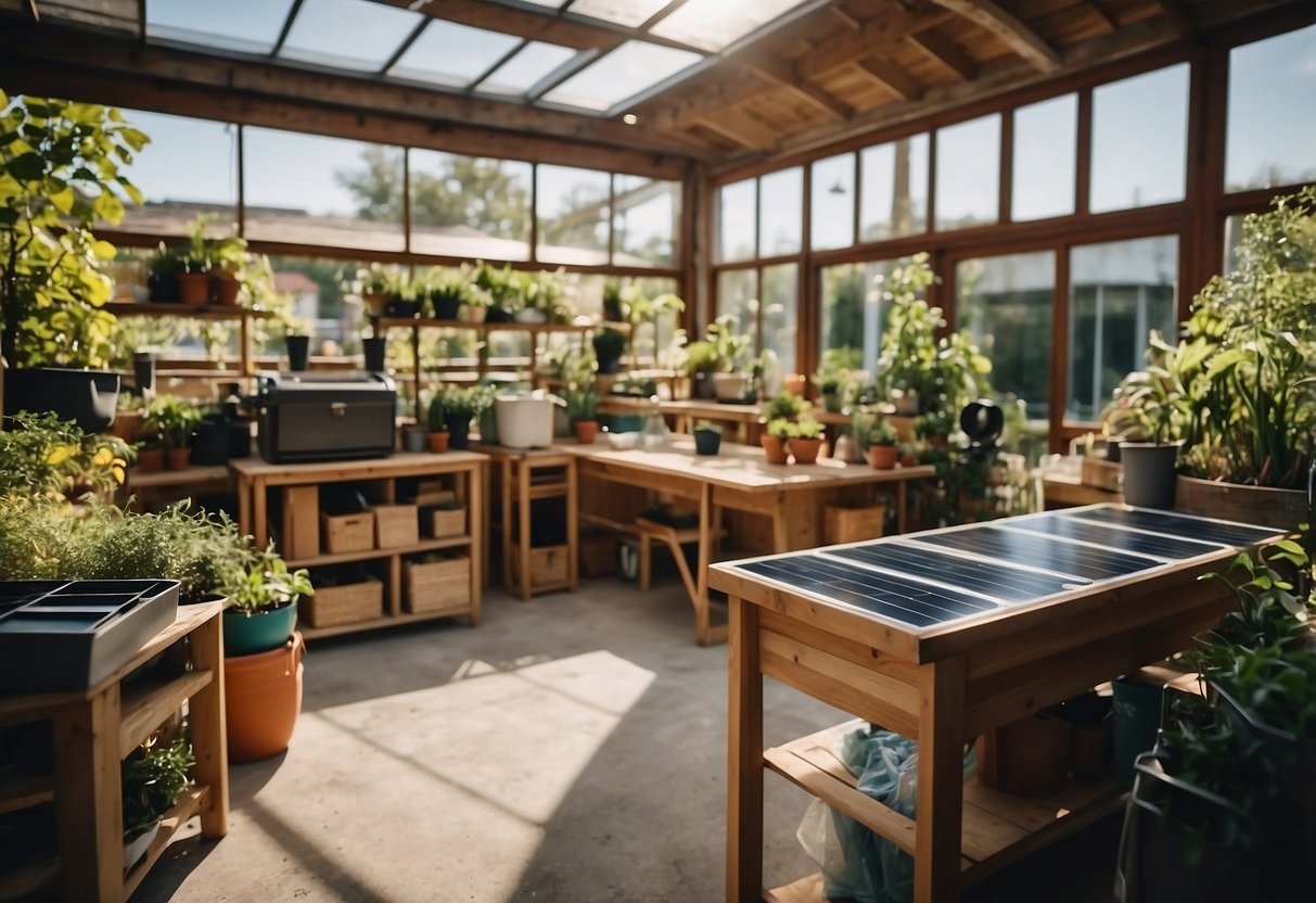 A small furniture workshop with eco-friendly materials and modern designs. Solar panels on the roof, recycling bins, and a lush garden outside