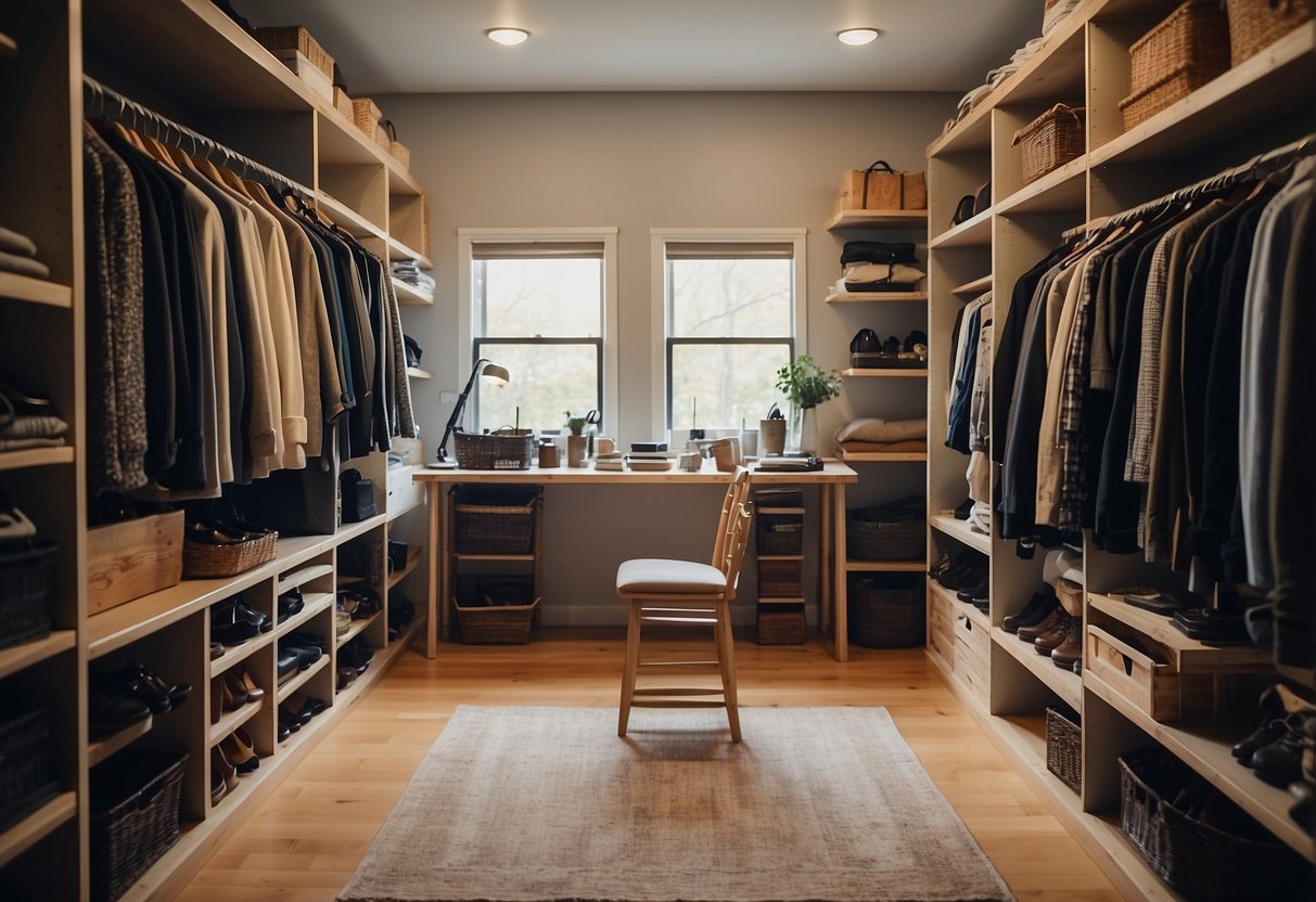 A cluttered closet with shelves, hanging rods, and storage bins. Various clothing items and accessories are scattered throughout. A step ladder and tools are nearby for DIY projects