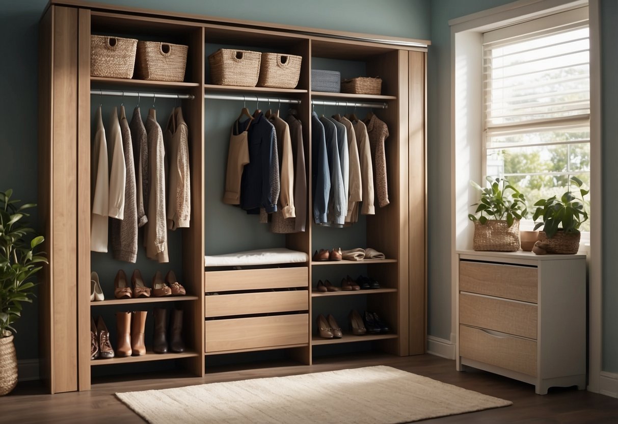 A well-organized closet with shelves, hanging rods, and storage bins. Various clothing items neatly folded and hung, with shoes neatly lined up on the floor