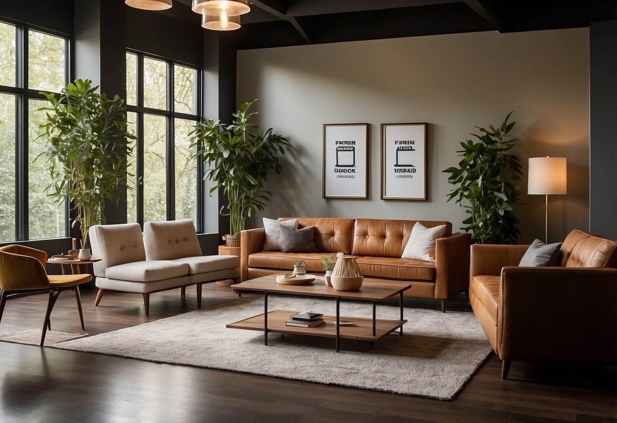 A room with various furniture pieces labeled "Frequently Asked Questions" in a bold font. Clear and simple design with minimal distractions