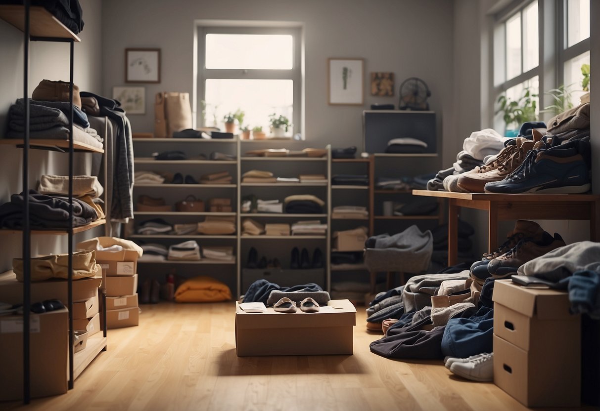 A cluttered room with scattered clothes and shoes. A blank wall with shelves, rods, and storage bins. A sketch pad and pencil laying on the floor