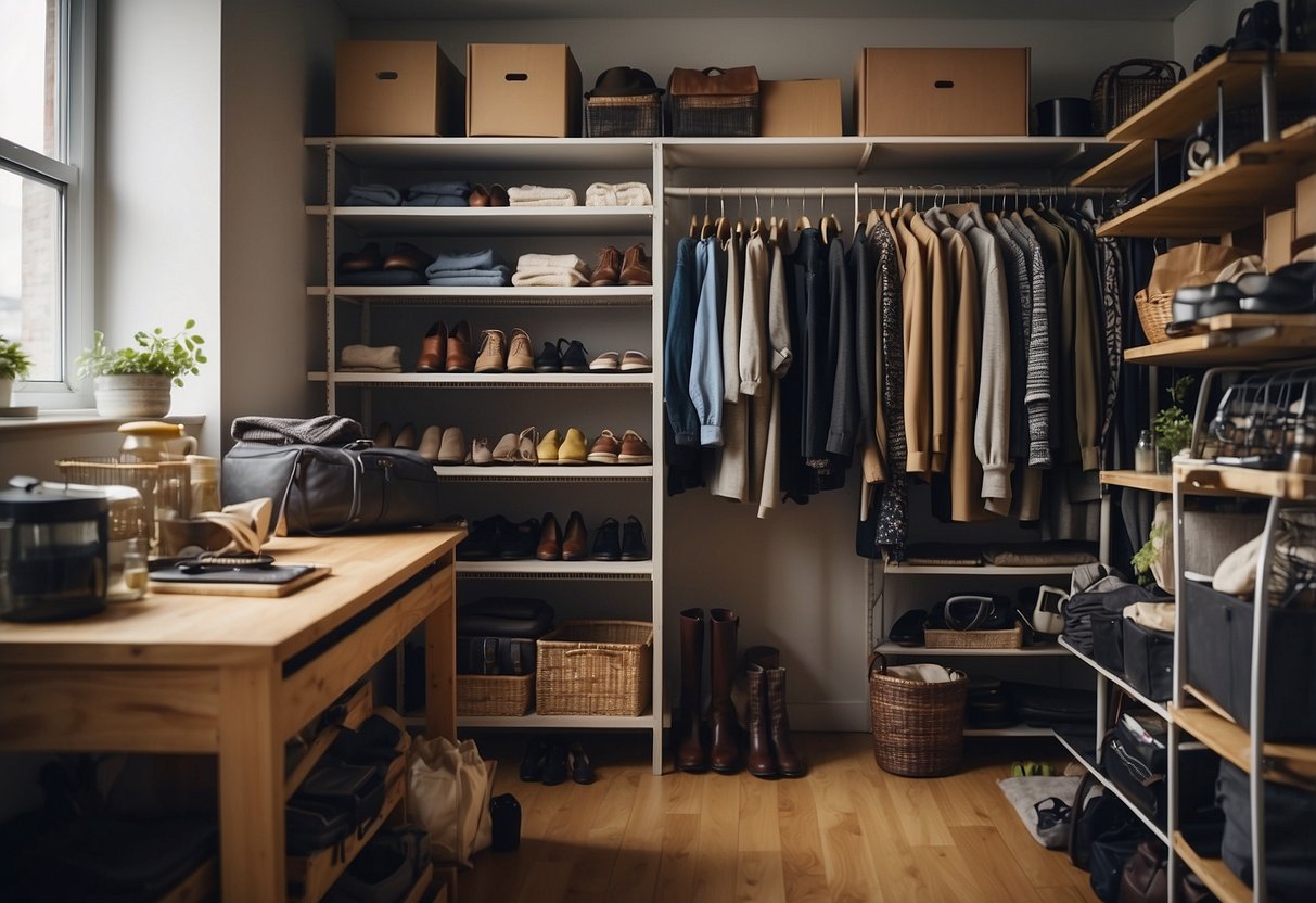 A cluttered closet with shelves, hanging rods, and storage bins. A step ladder and tools are nearby