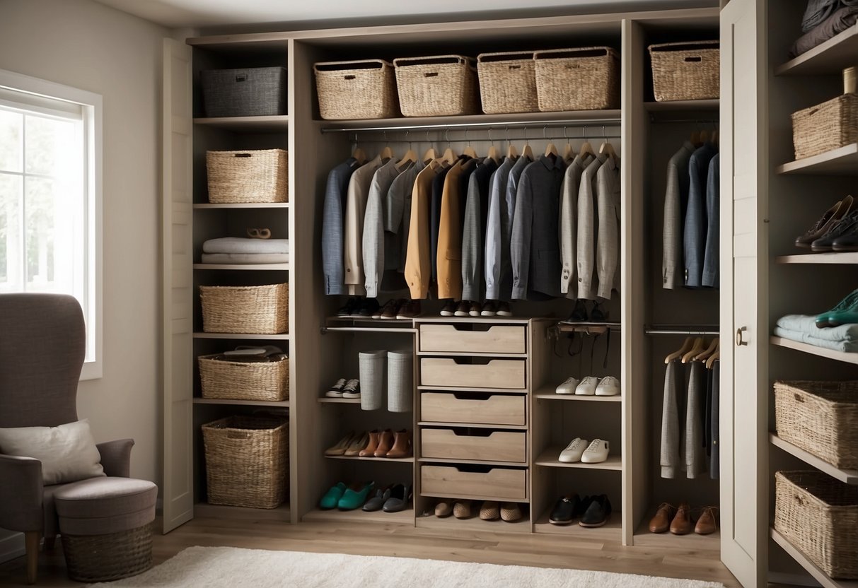 A closet with shelves, hanging rods, and storage bins. DIY customizations include labeled bins, color-coordinated hangers, and built-in shoe racks