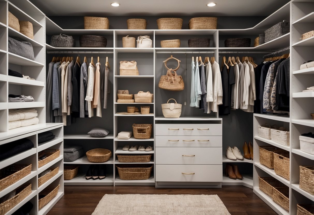 Various DIY closet ideas are showcased, including shelves, hanging organizers, and storage bins. The closet is well-organized and clutter-free, with items neatly arranged and easily accessible