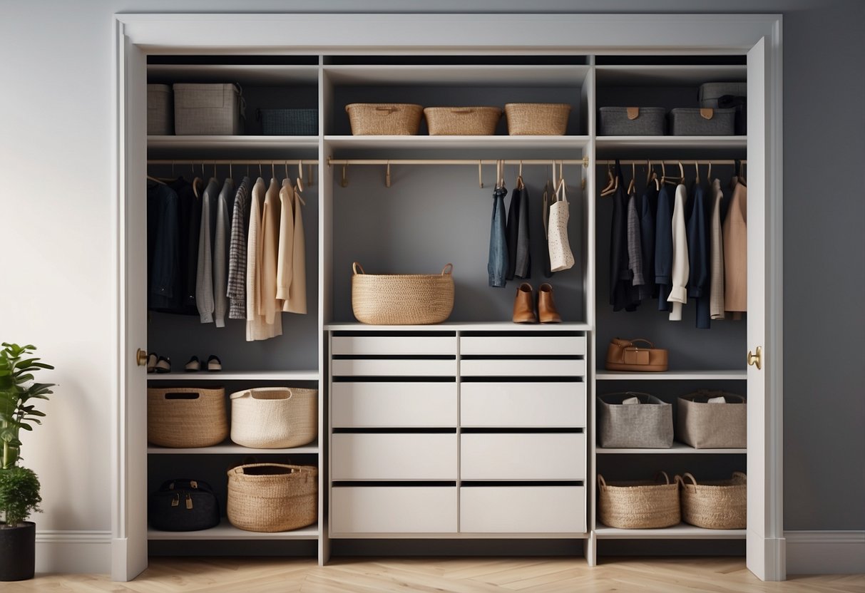 A well-organized closet with custom shelving, hanging space, and decorative storage bins. Bright lighting and a pop of color add to the aesthetic appeal