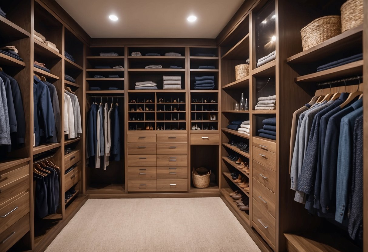 A closet filled with custom shelving, hanging rods, and pull-out drawers. A well-organized space with built-in lighting and decorative accents