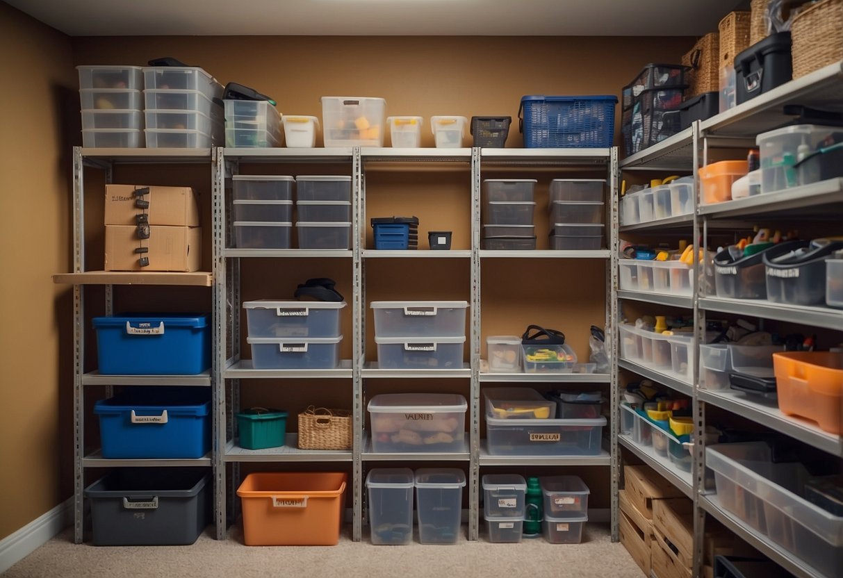 Tools and materials arranged neatly on shelves, labeled storage bins, hanging organizers, and a well-organized closet space with DIY projects in progress