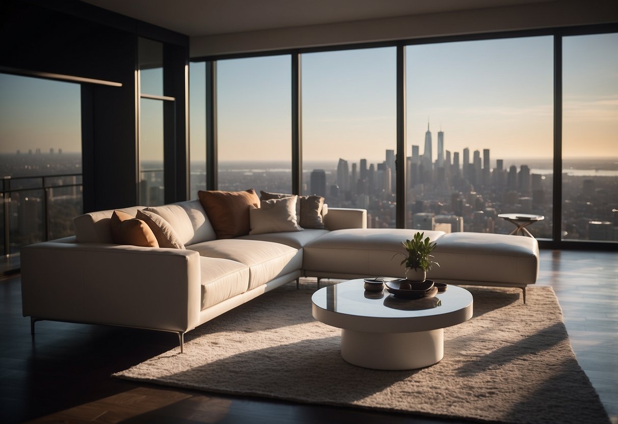 A sleek, modern sofa sits in a spacious living room with a panoramic view of the city skyline. The room is adorned with minimalist furniture and elegant decor