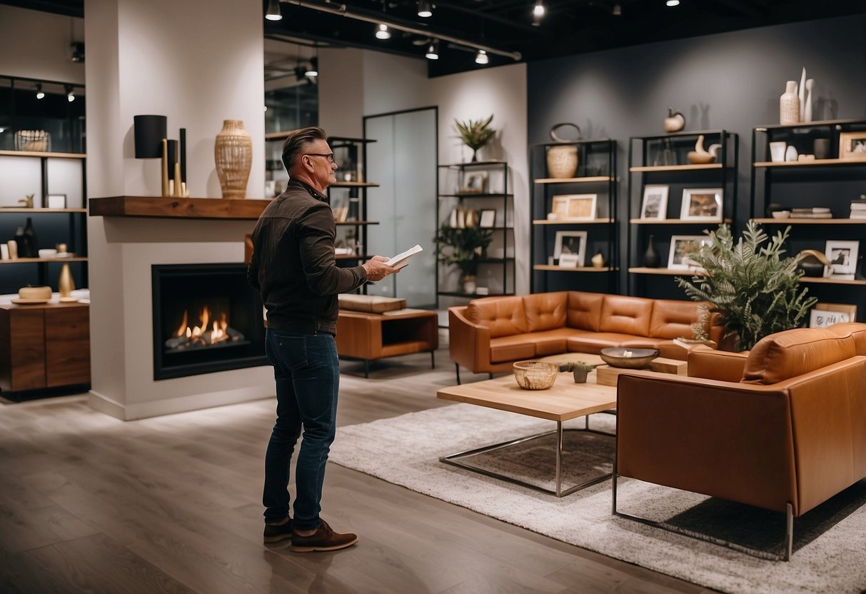 A customer browses Bono Furniture showroom, examining sleek modern designs and selecting a stylish piece for their home
